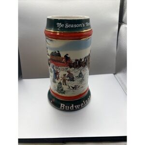 1991  Anheuser Busch  AB  Budweiser Bud Holiday Christmas Beer Stein Clydesdales